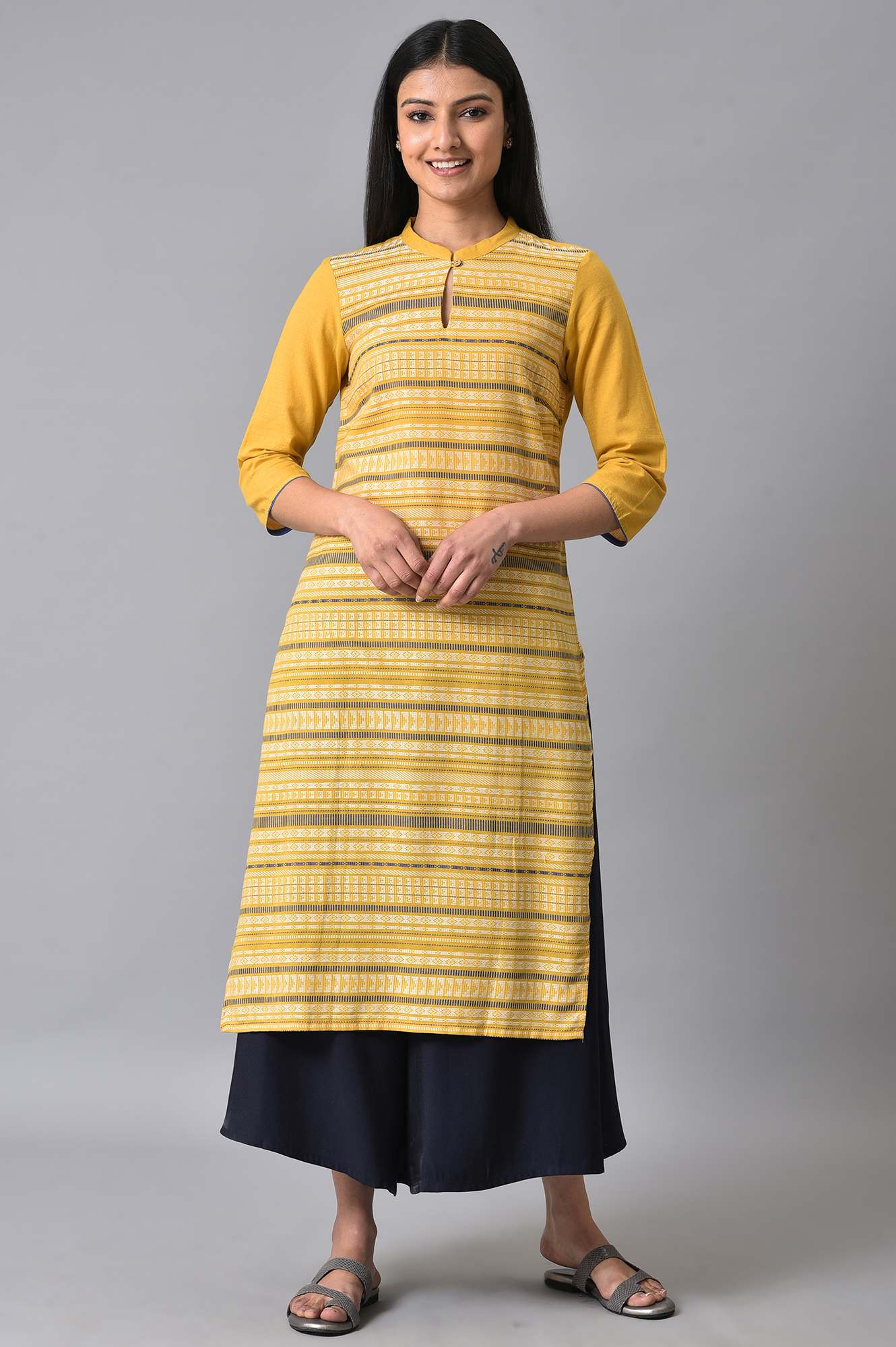 Orange Mandarin Neck Printed kurta