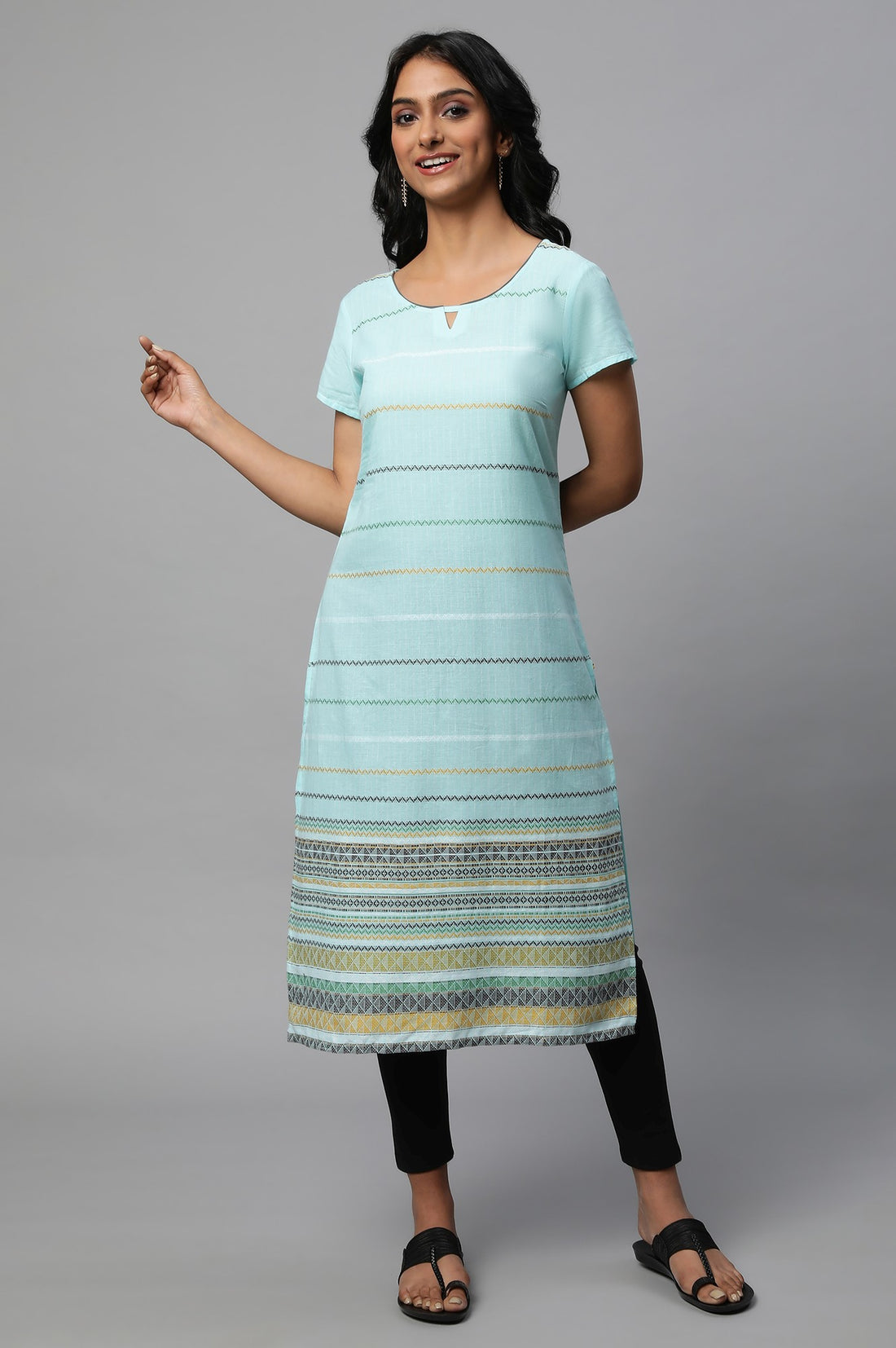 Light Blue Round Neck Printed kurta
