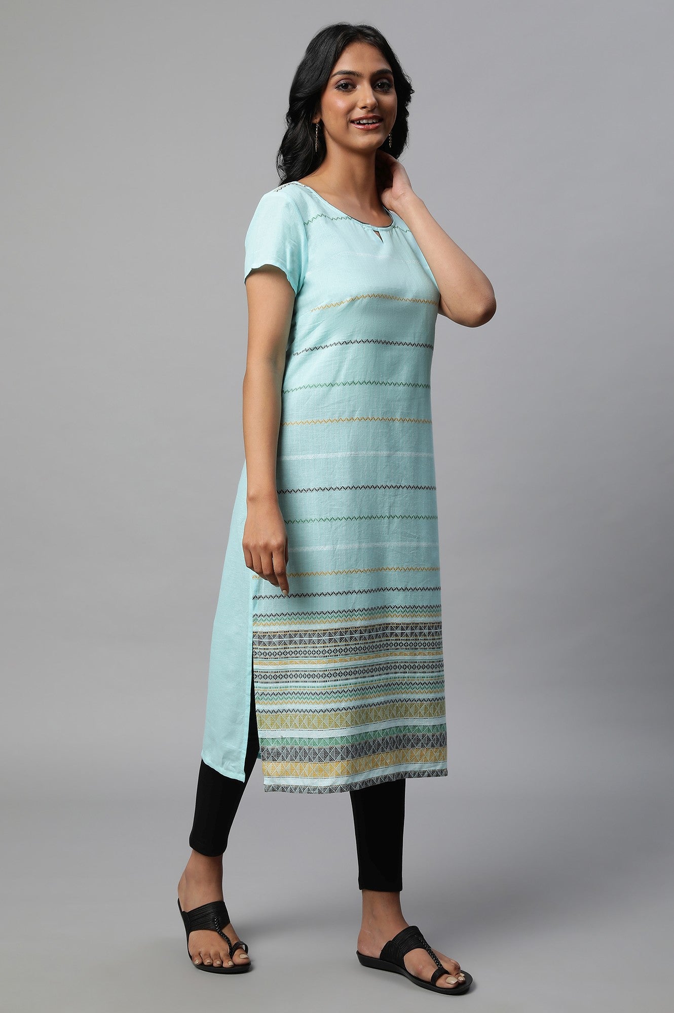 Light Blue Round Neck Printed kurta