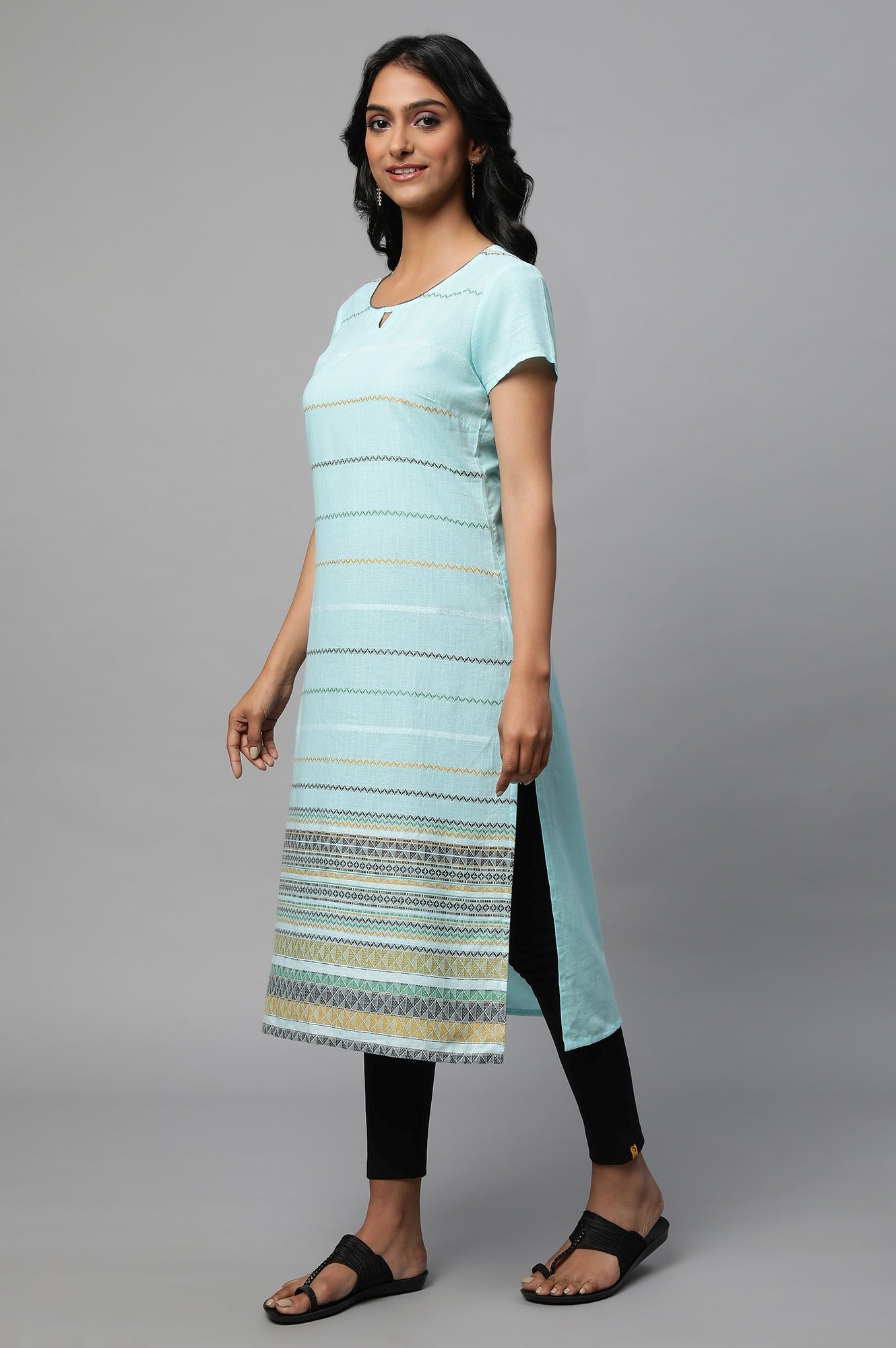 Light Blue Round Neck Printed kurta