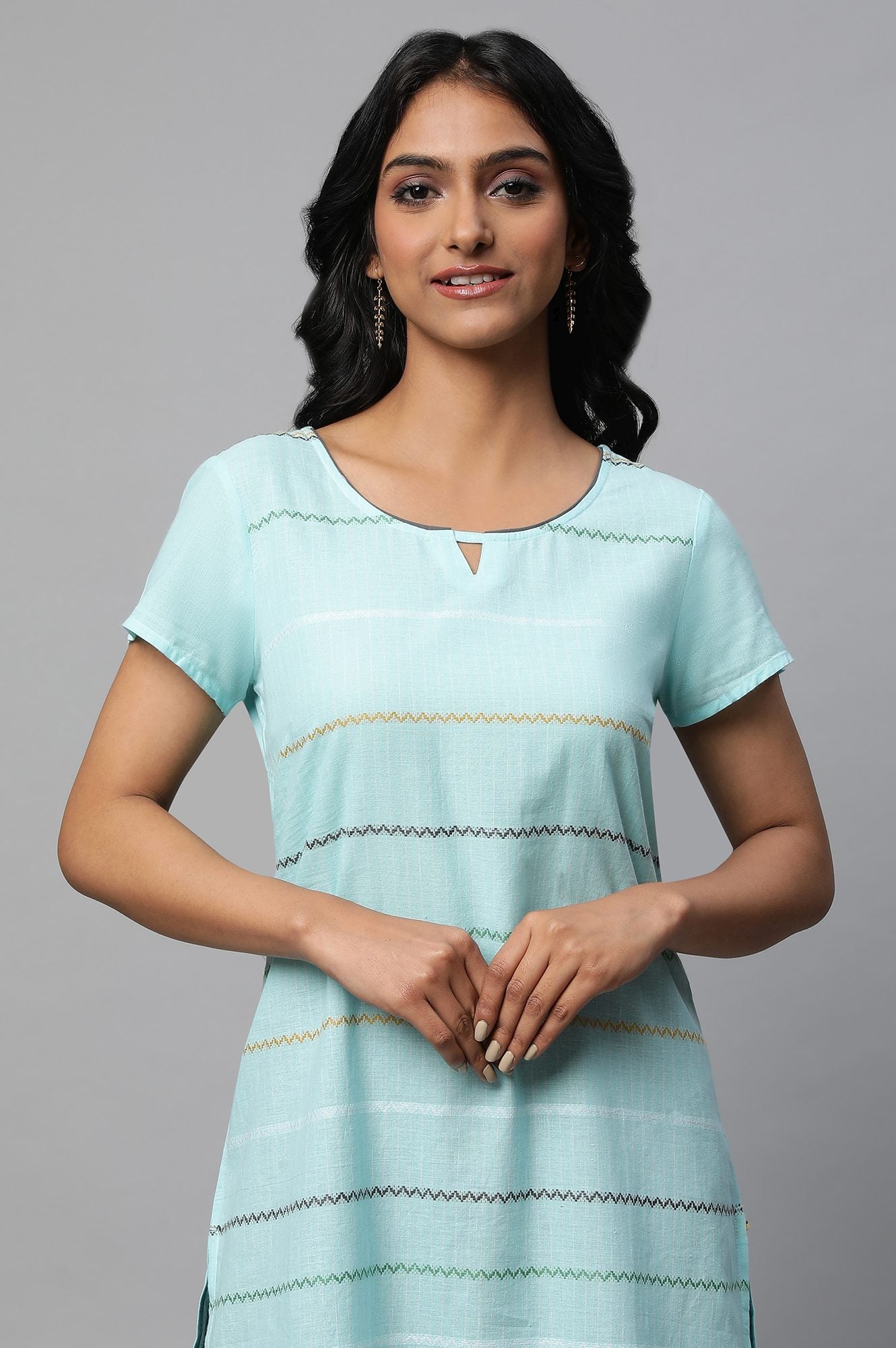 Light Blue Round Neck Printed kurta