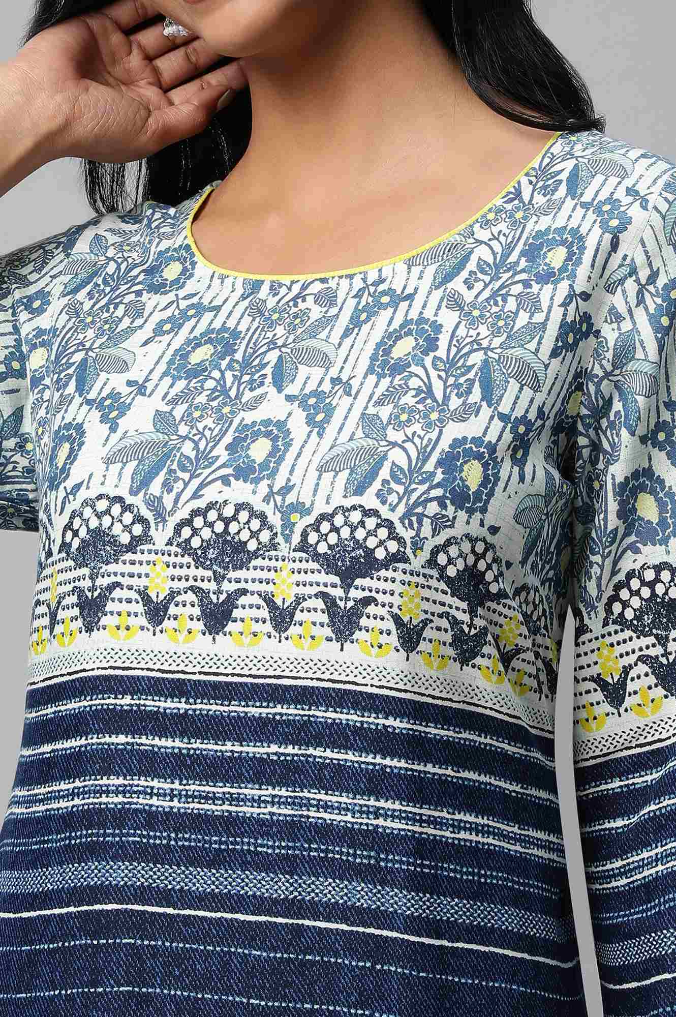 Blue Round Neck Printed kurta