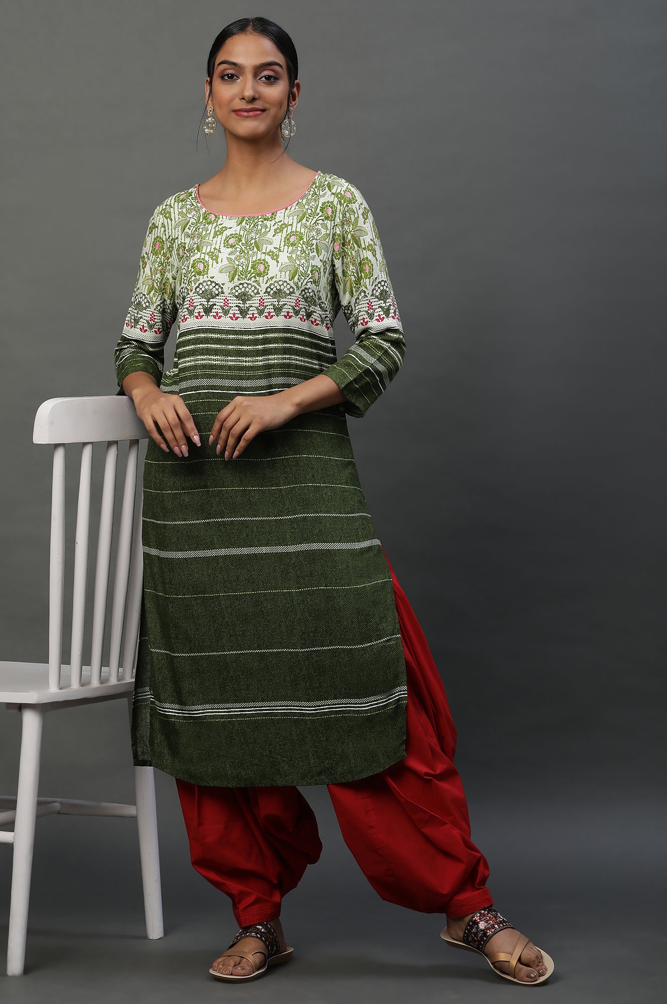 Olive Green Round Neck Printed Kurta