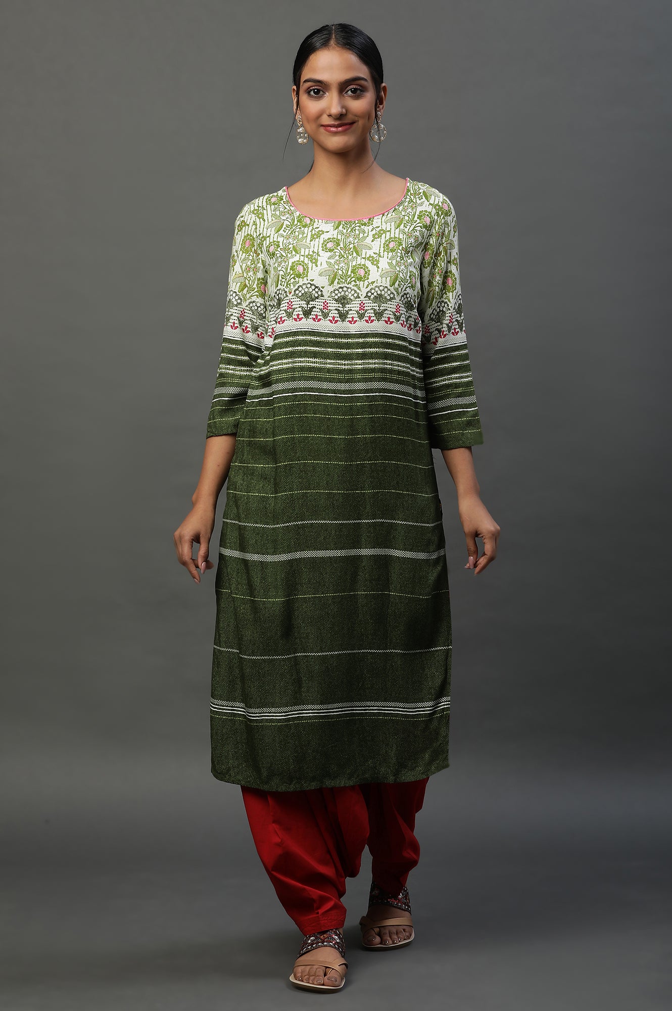 Olive Green Round Neck Printed Kurta