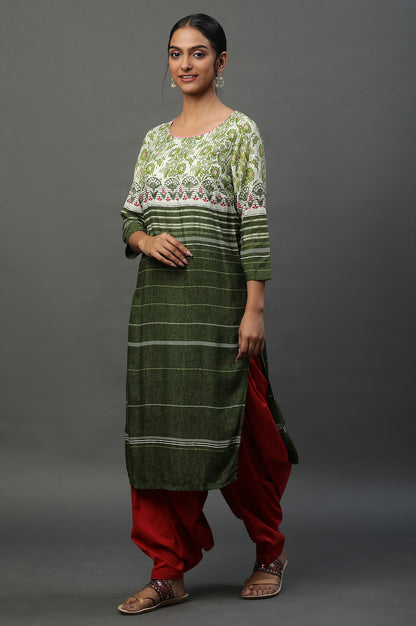 Olive Green Round Neck Printed Kurta