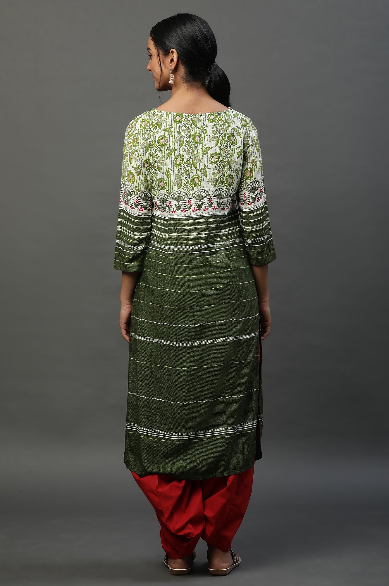 Olive Green Round Neck Printed Kurta