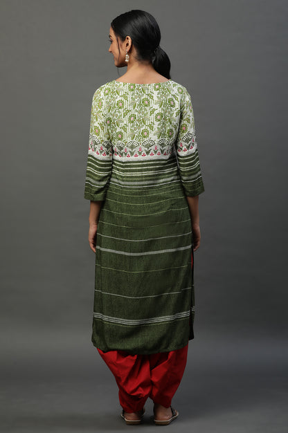 Olive Green Round Neck Printed Kurta