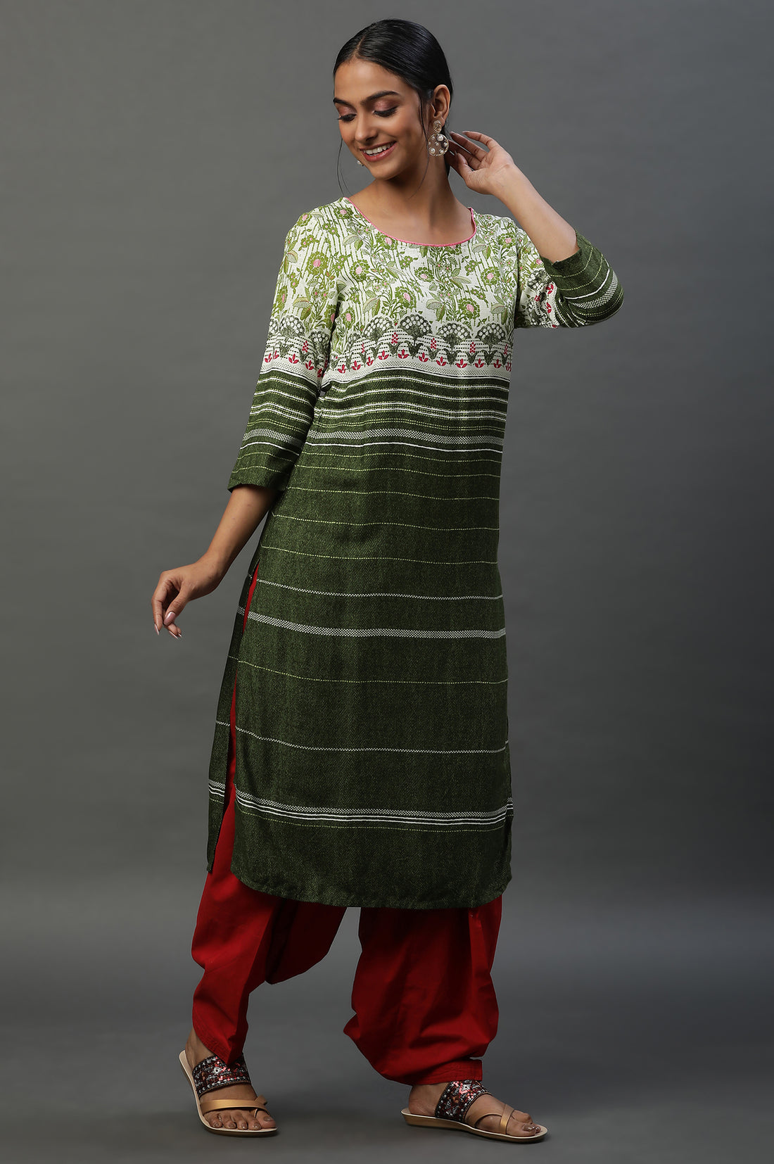 Olive Green Round Neck Printed Kurta