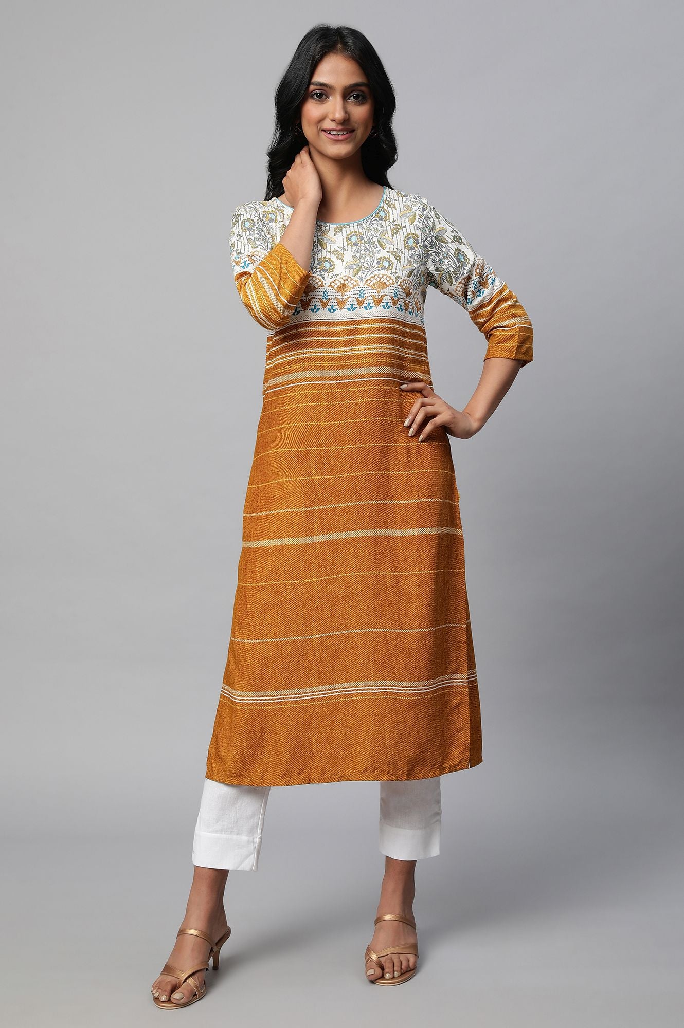 Mustard Yellow Round Neck Printed kurta