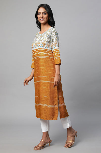 Mustard Yellow Round Neck Printed kurta