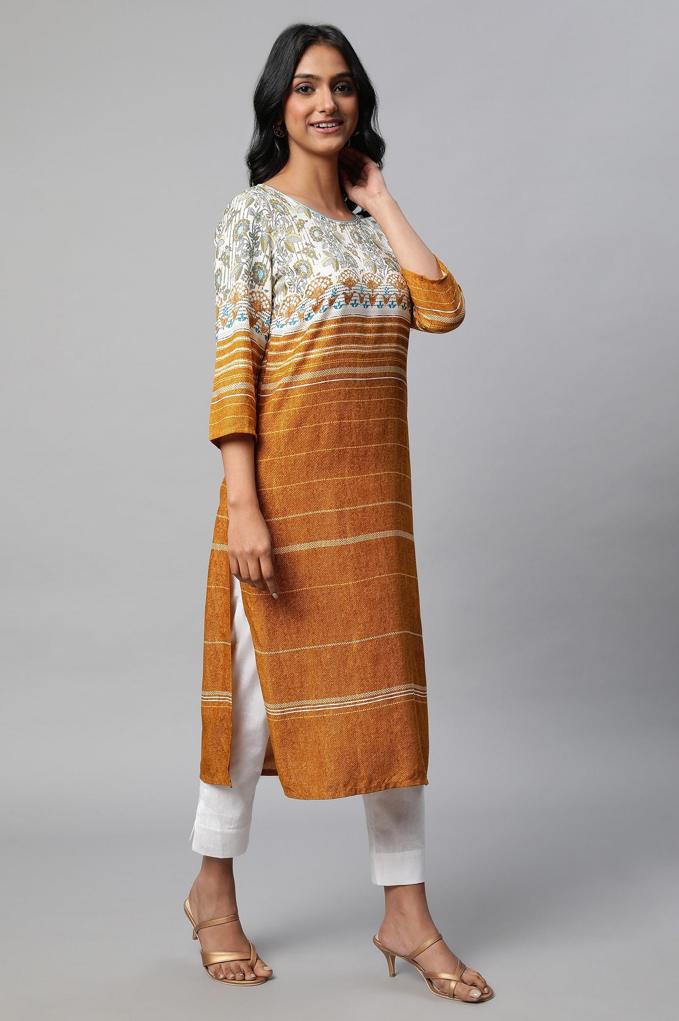 Mustard Yellow Round Neck Printed kurta