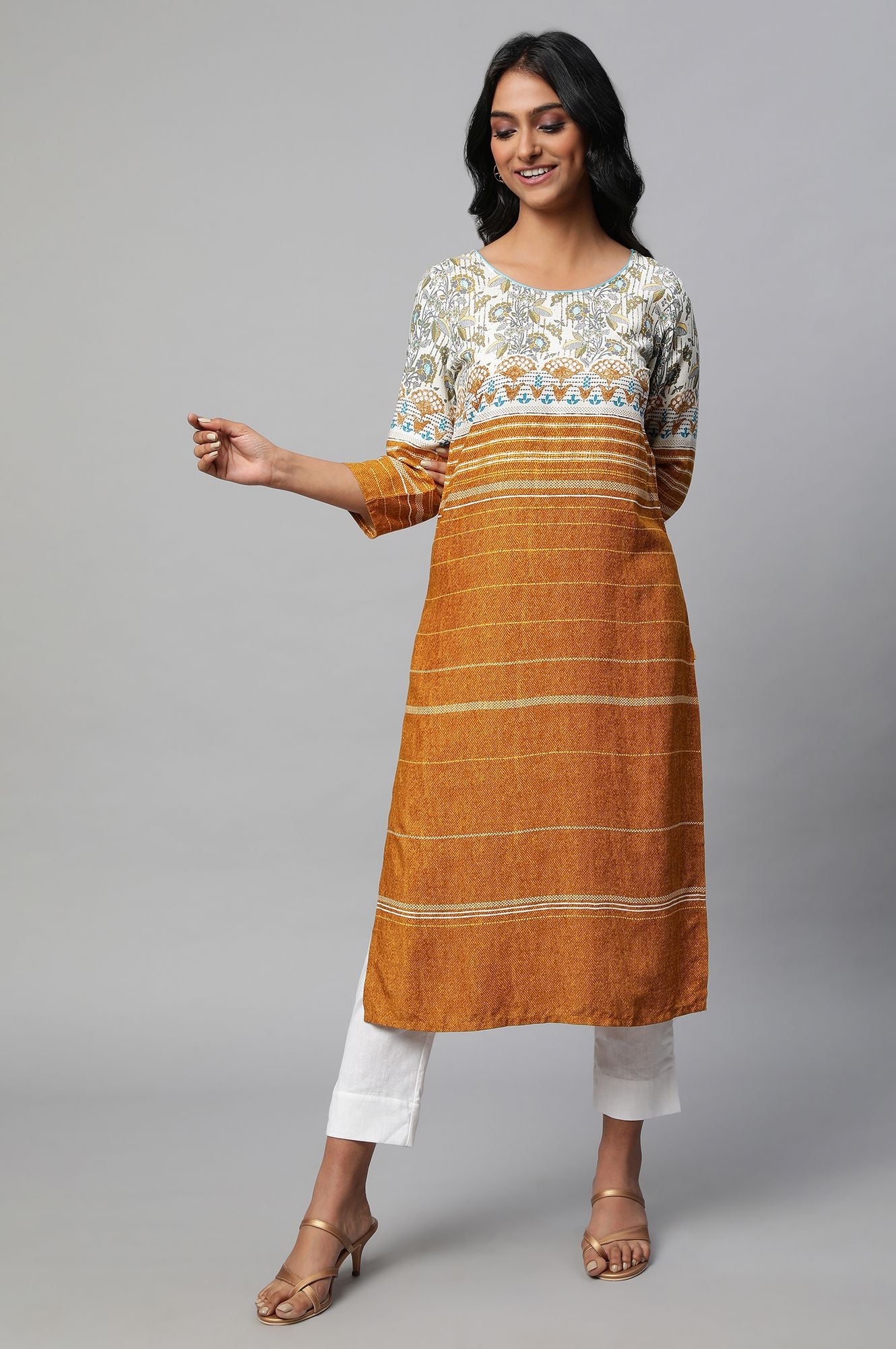 Mustard Yellow Round Neck Printed kurta