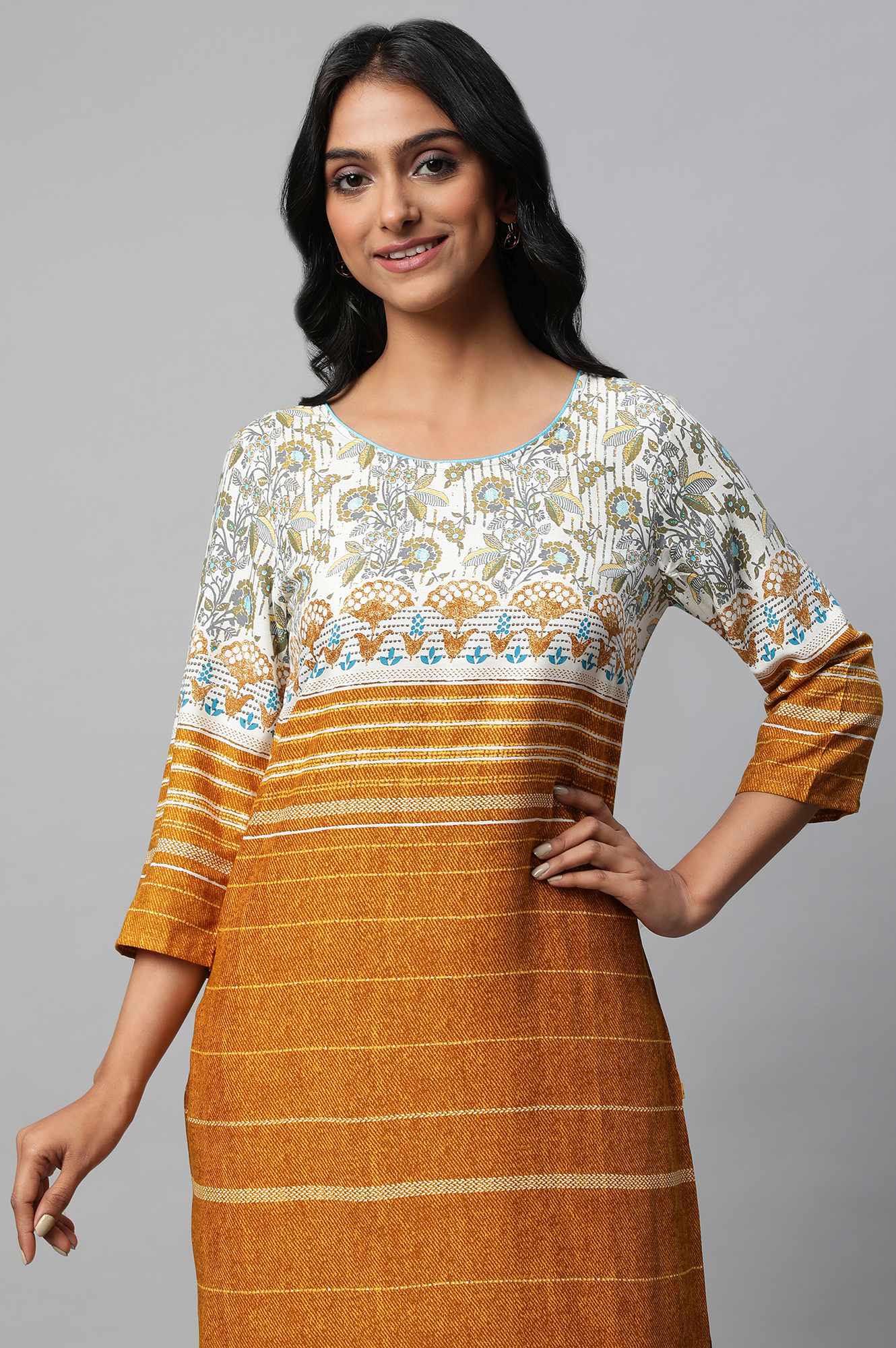 Mustard Yellow Round Neck Printed kurta