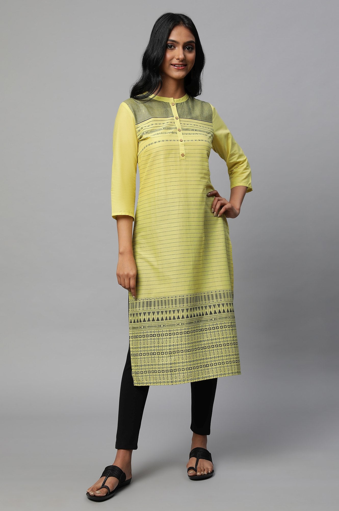 Yellow Mandarin Neck Printed kurta