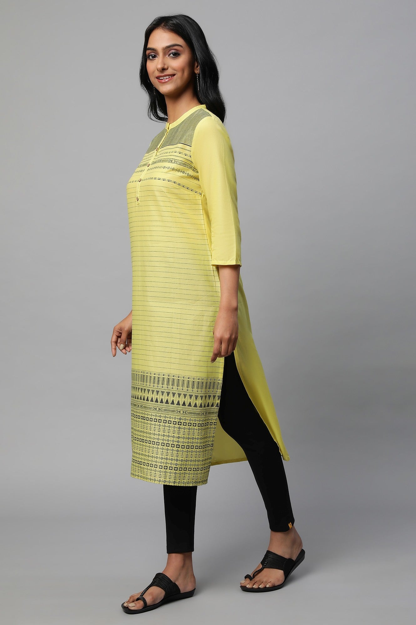 Yellow Mandarin Neck Printed kurta