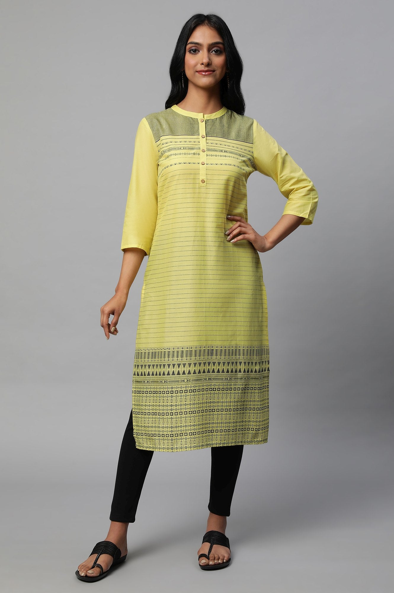 Yellow Mandarin Neck Printed kurta