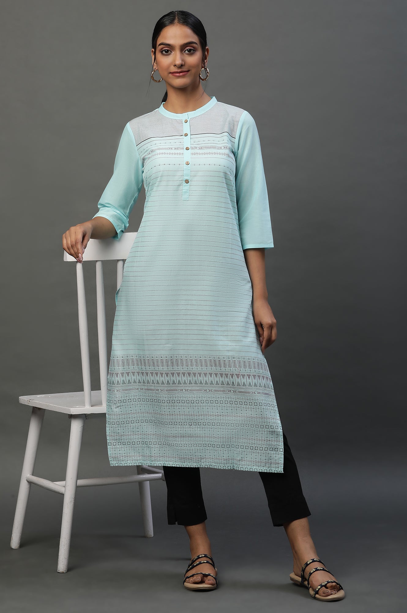 Light Blue Mandarin Neck Printed Kurta