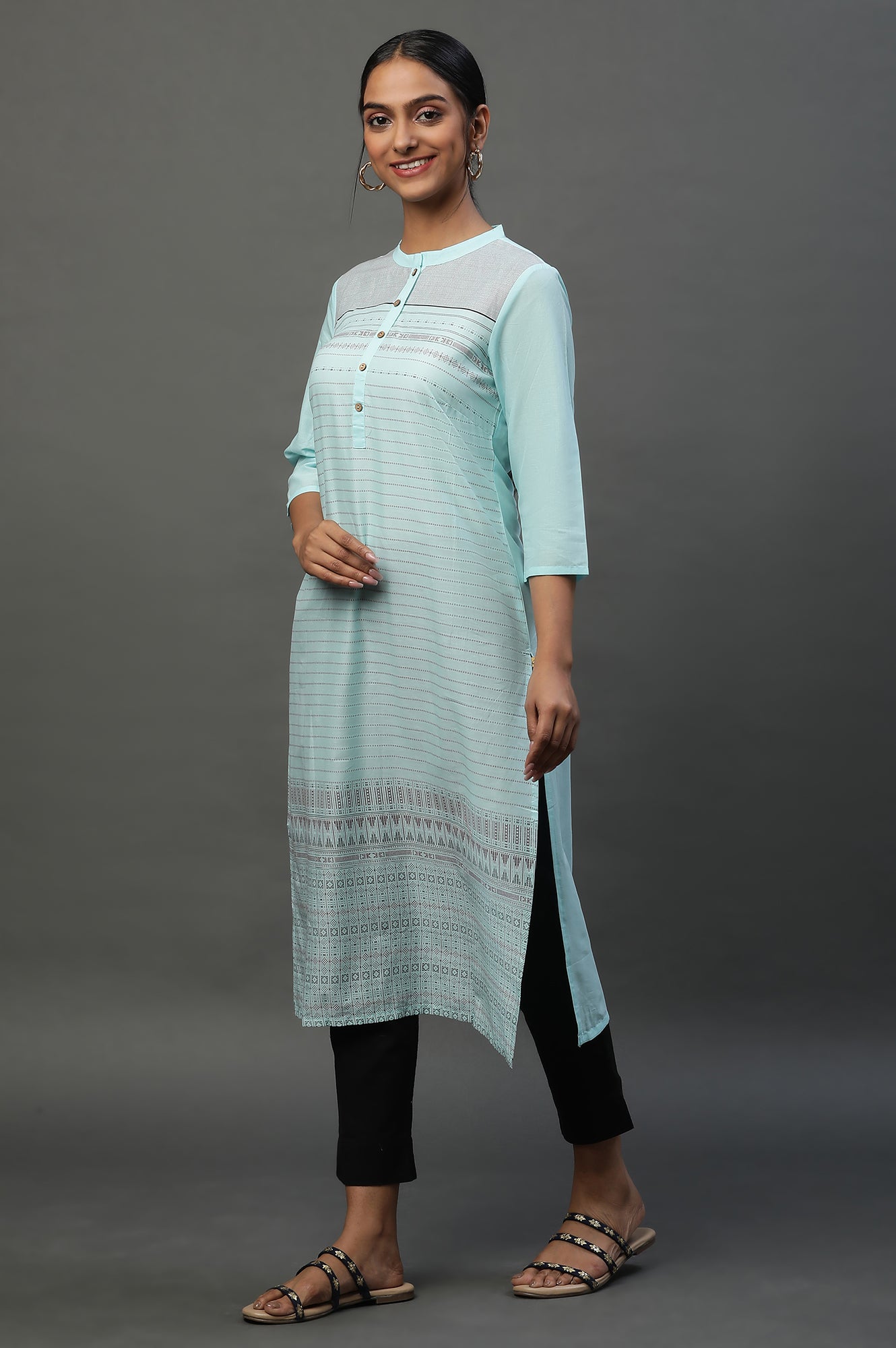 Light Blue Mandarin Neck Printed Kurta