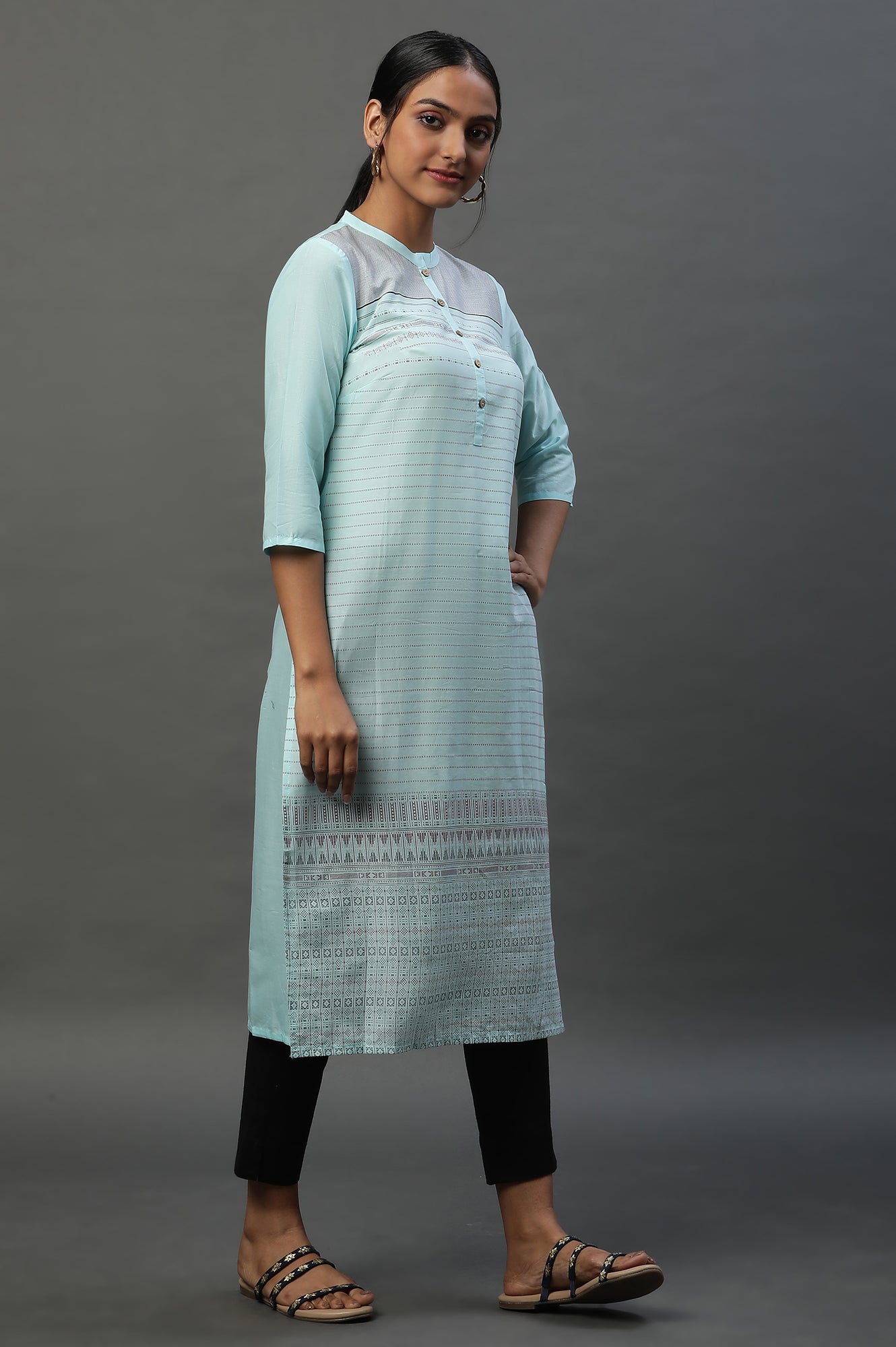 Light Blue Mandarin Neck Printed Kurta