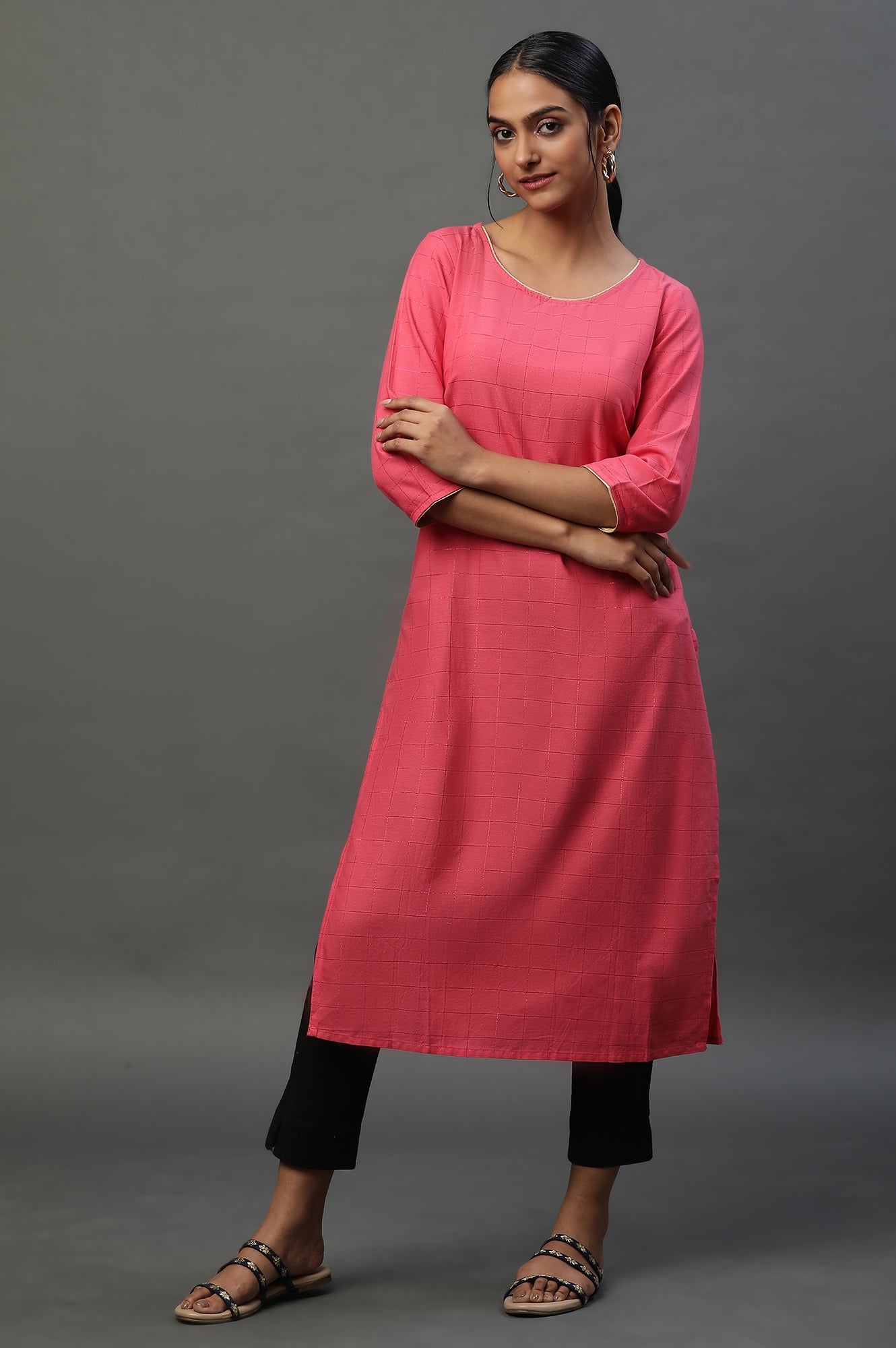 Pink Round Neck Printed Kurta