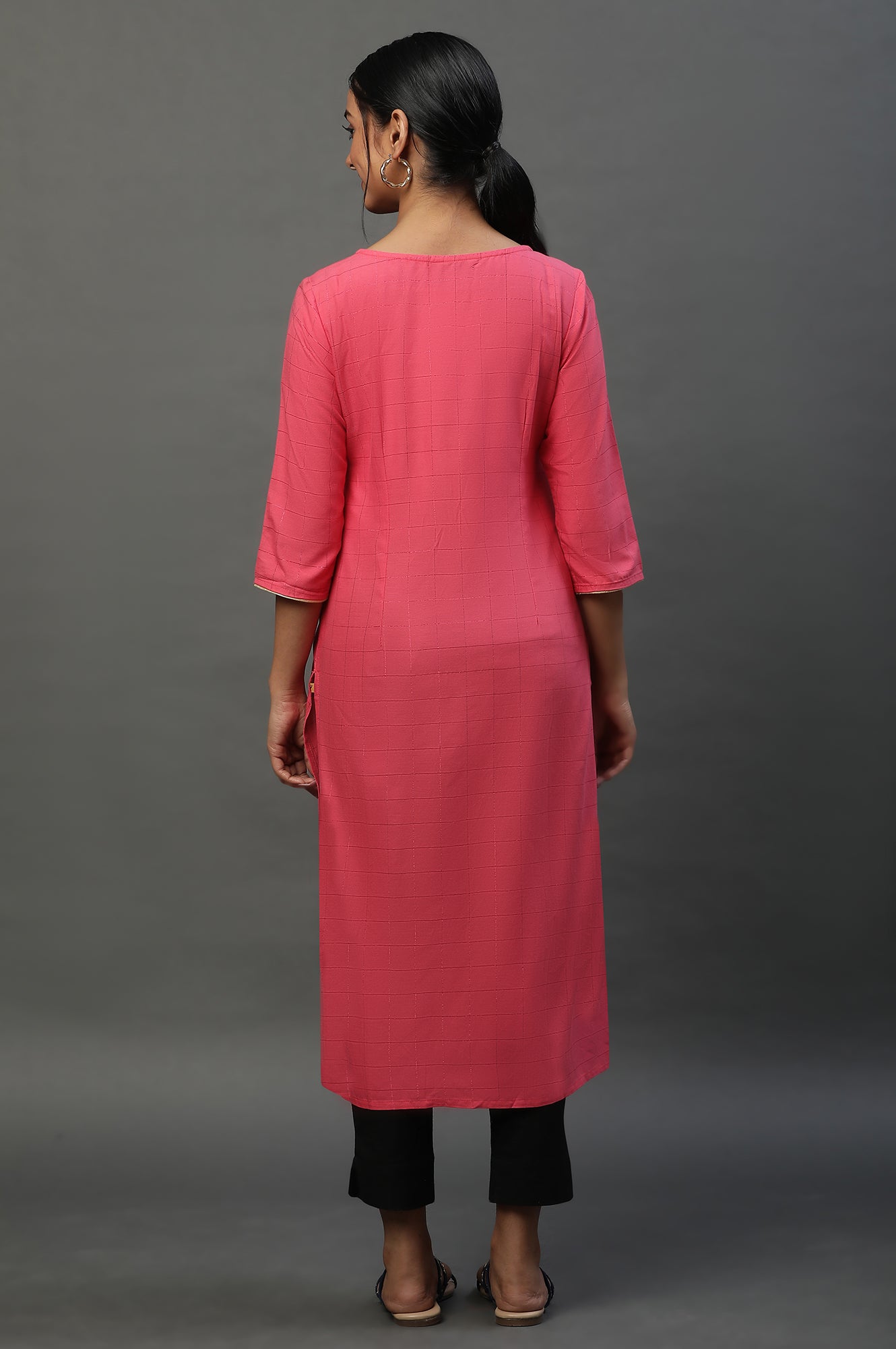 Pink Round Neck Printed Kurta