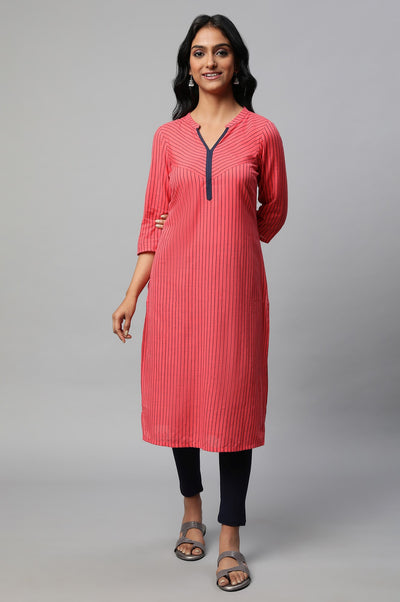 Red Band Collar Printed kurta
