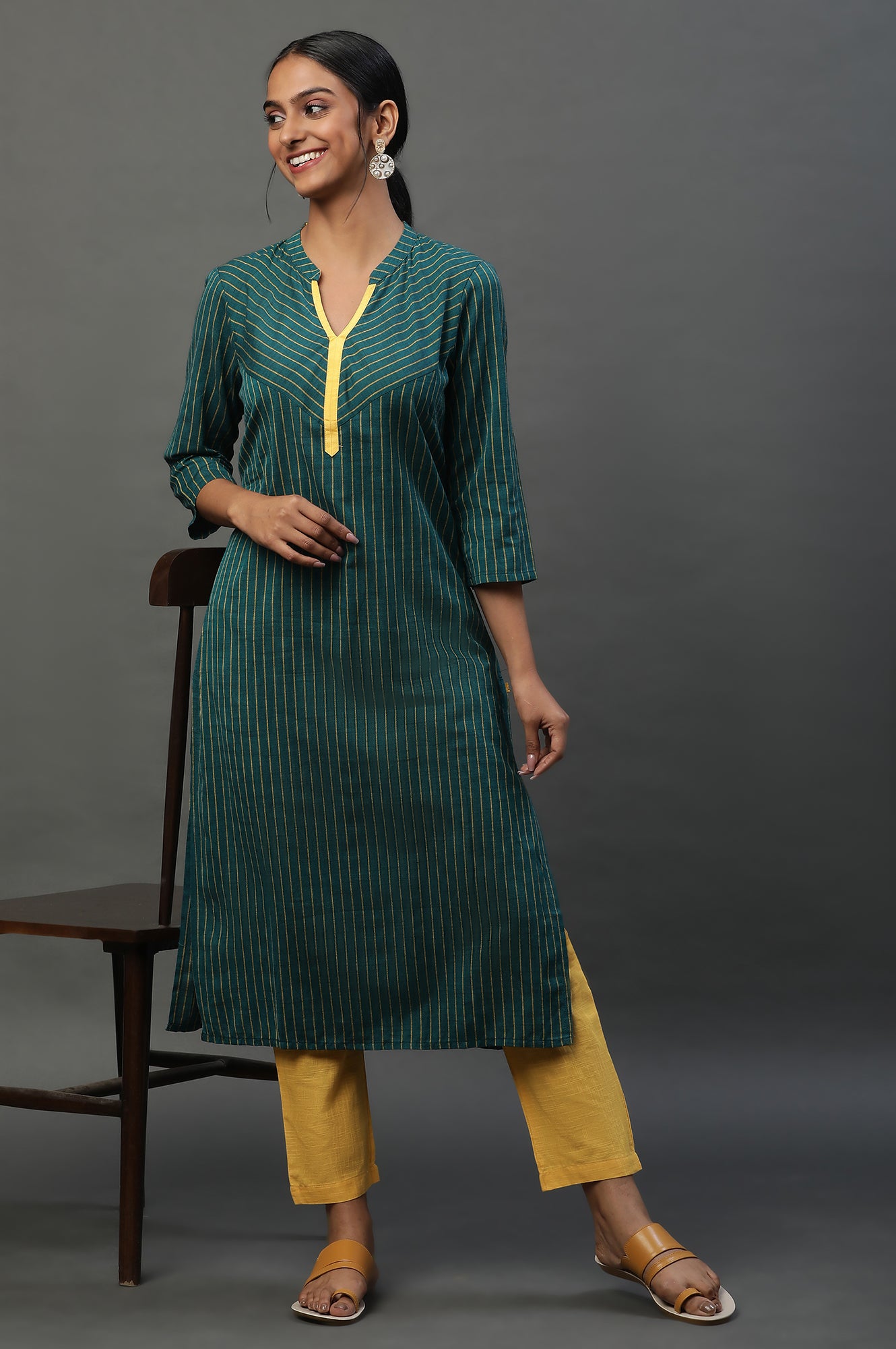 Teal Green Band Collar Printed Kurta