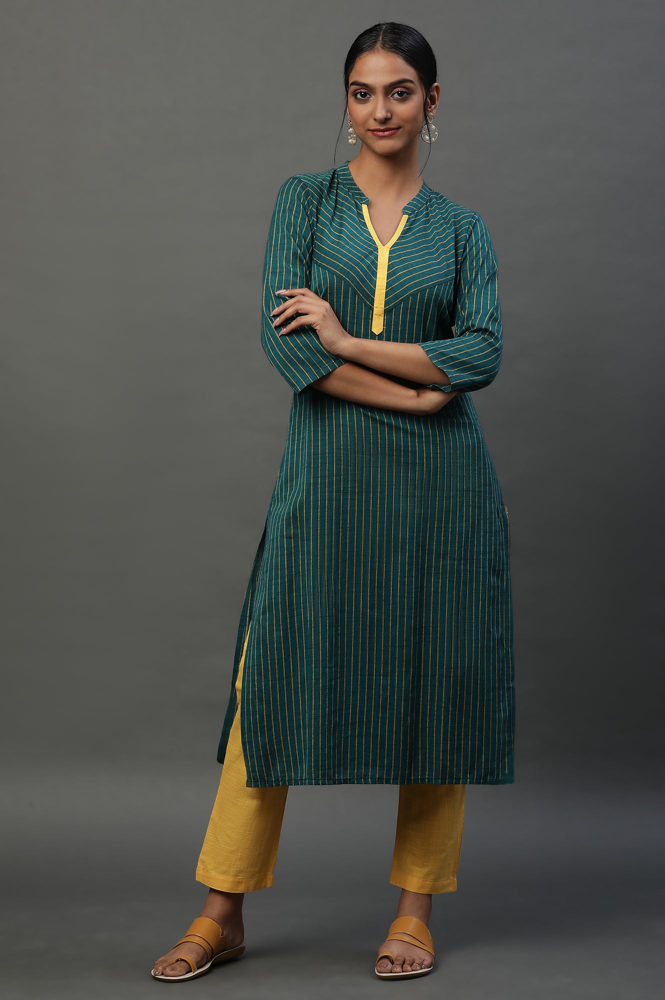 Teal Green Band Collar Printed Kurta