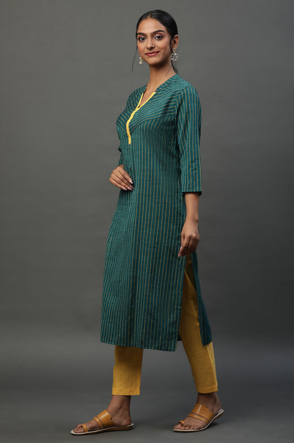 Teal Green Band Collar Printed Kurta