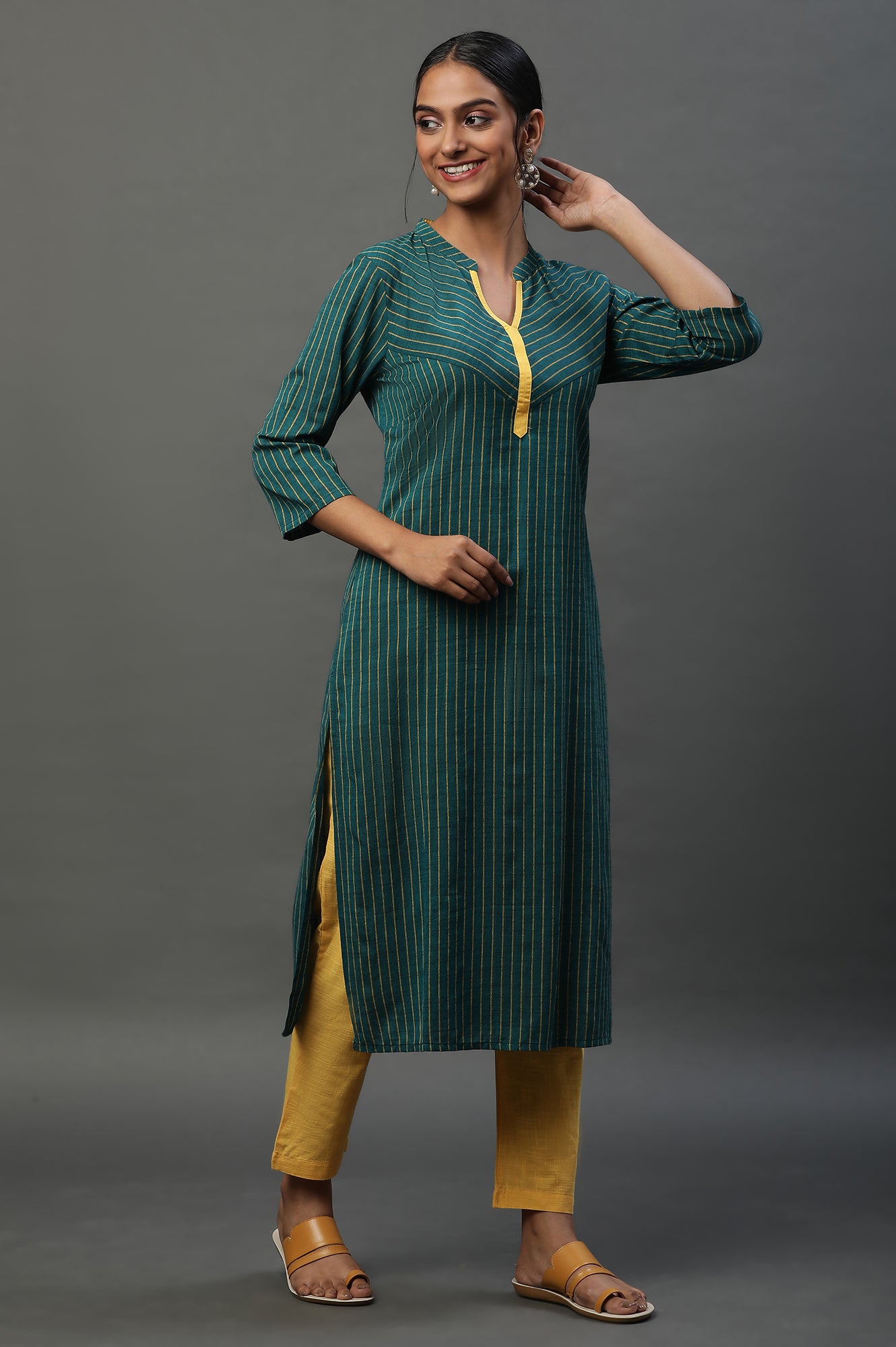 Teal Green Band Collar Printed Kurta