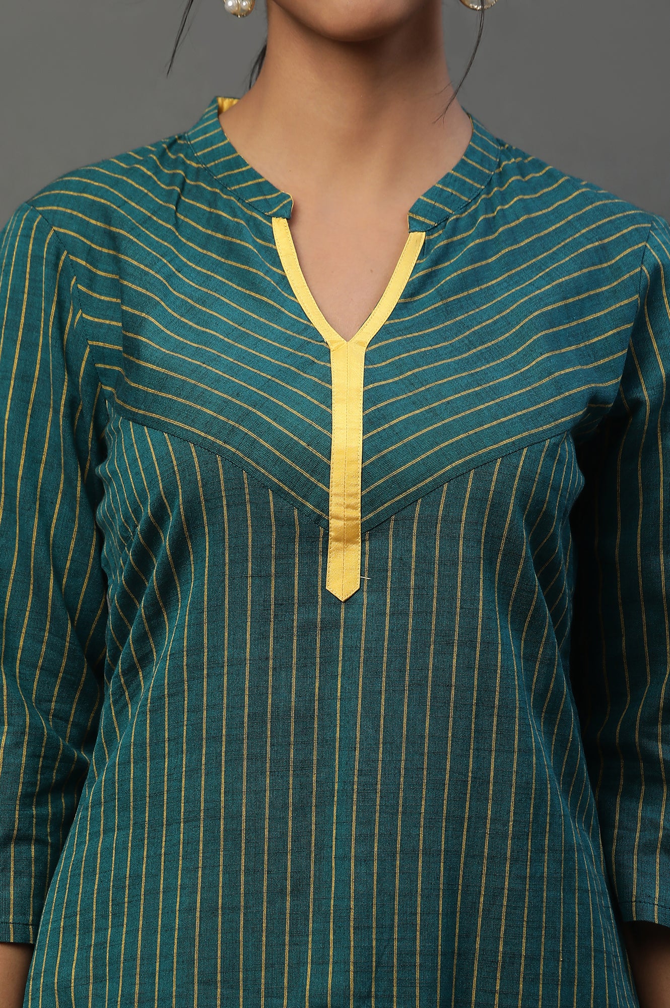 Teal Green Band Collar Printed Kurta