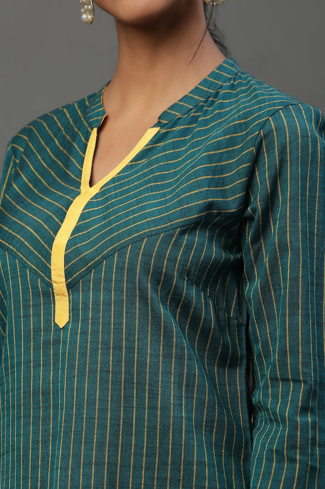 Teal Green Band Collar Printed Kurta