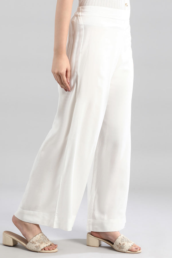White Solid Flared Woven Palazzo With Elasticated Waistband