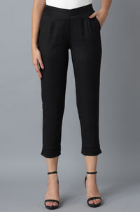 Black Solid Straight Fit Cotton Trousers With Roll Up Hem