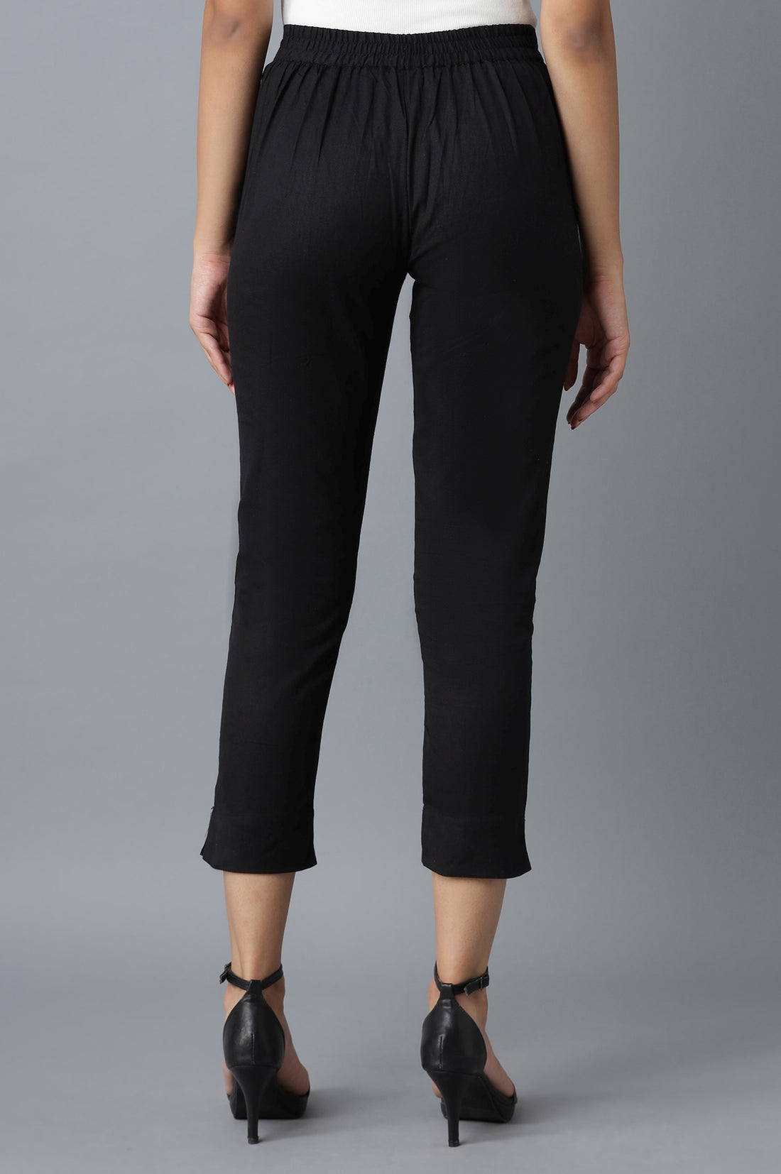 Black Solid Straight Fit Cotton Trousers With Elasticated Waistband