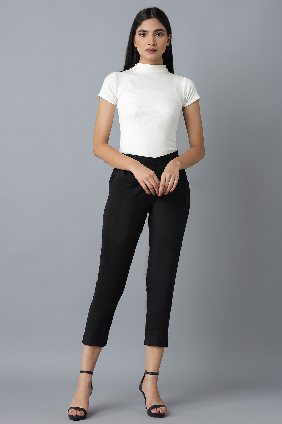 Black Solid Straight Fit Cotton Trousers With Elasticated Waistband