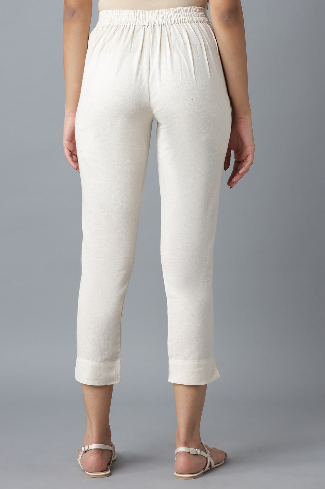 Beige Solid Straight Fit Cotton Trousers With Elasticated Waist