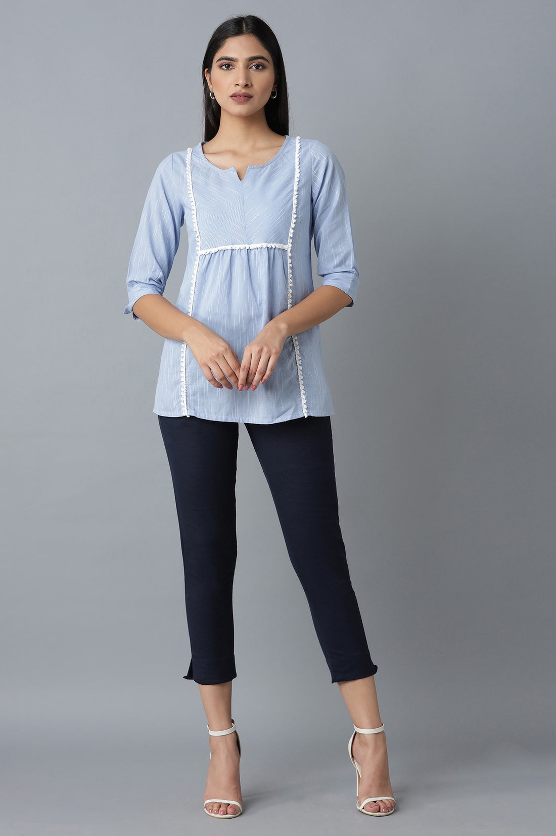 Navy Blue Solid Straight Fit Cotton Trousers With Elasticated Waistband