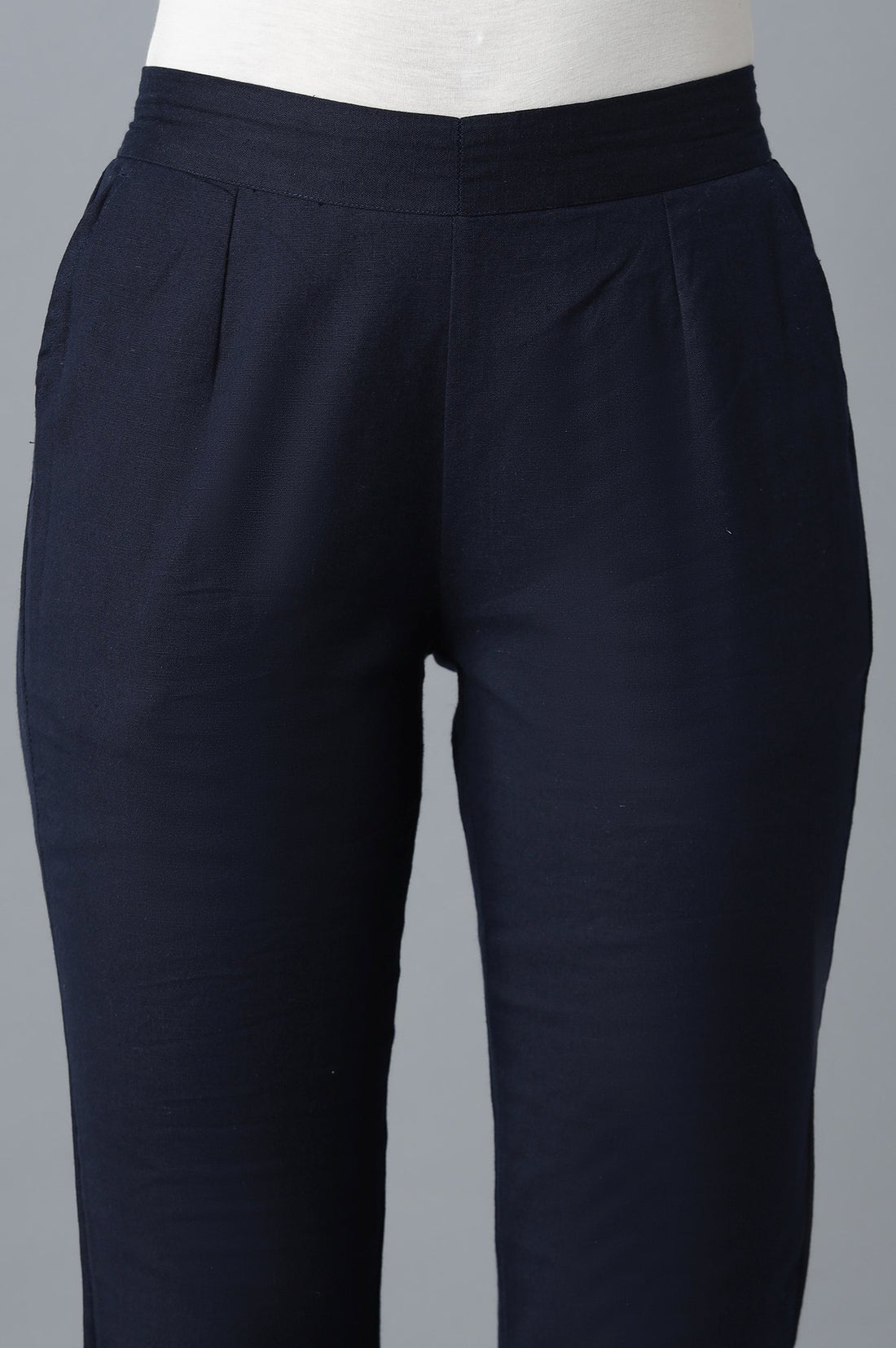 Navy Blue Solid Straight Fit Cotton Trousers With Elasticated Waistband
