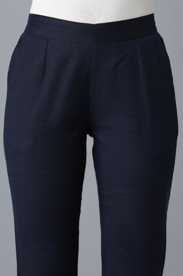 Navy Blue Solid Straight Fit Cotton Trousers With Elasticated Waistband