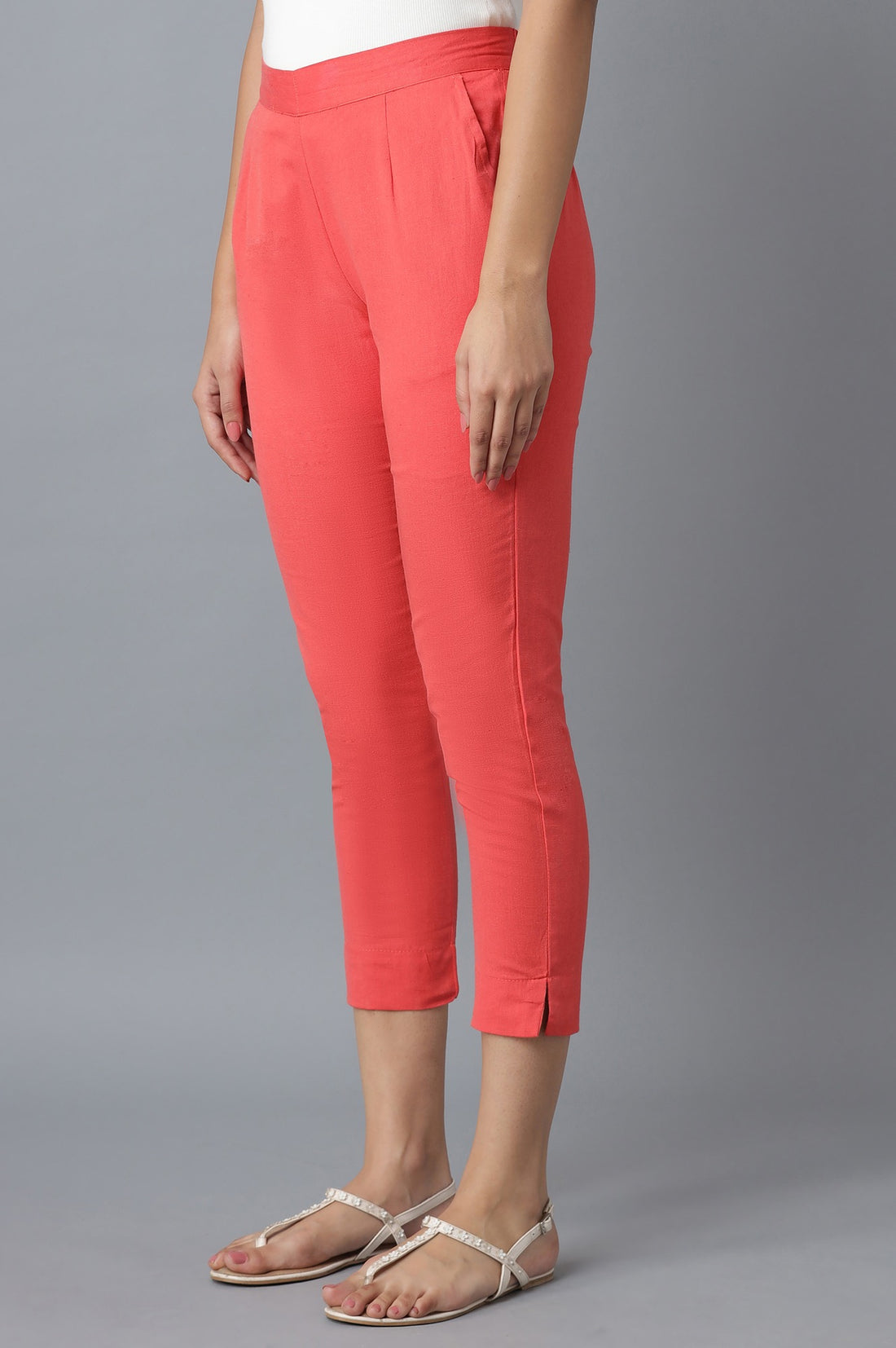 Peach Solid Straight Fit Cotton Trousers With Elasticated Waistband