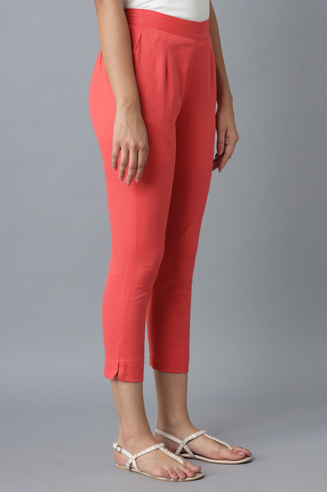 Peach Solid Straight Fit Cotton Trousers With Elasticated Waistband
