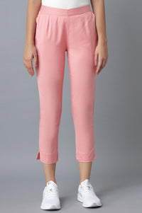 Pink Solid Straight Fit Cotton Trousers With Roll Up Hem