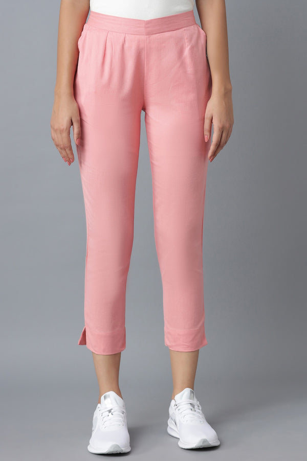 Pink Solid Straight Fit Cotton Trousers With Roll Up Hem