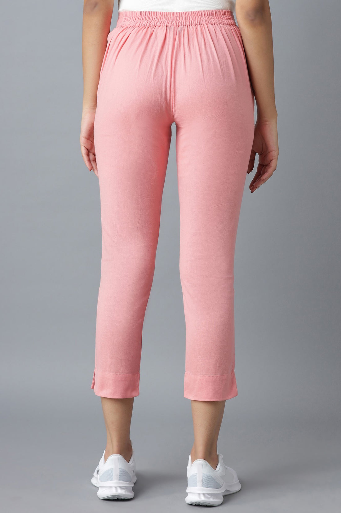 Pink Solid Straight Fit Cotton Trousers With Elasticated Waistband