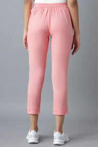 Pink Solid Straight Fit Cotton Trousers With Roll Up Hem