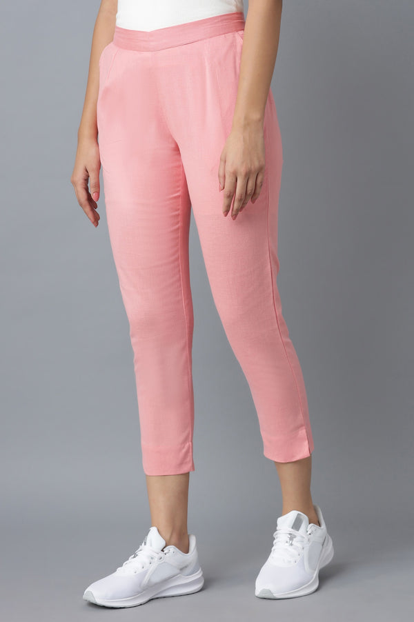 Pink Solid Straight Fit Cotton Trousers With Roll Up Hem