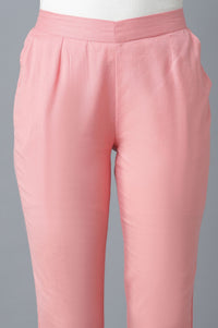 Pink Solid Straight Fit Cotton Trousers With Roll Up Hem