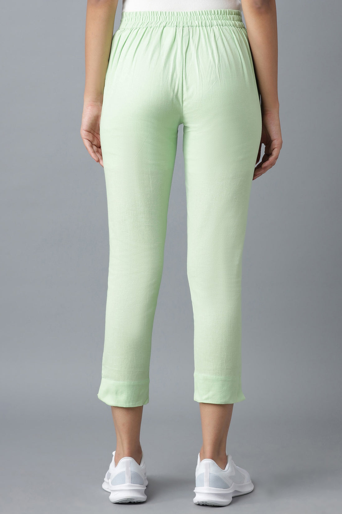 Light Green Solid Straight Fit Cotton Trousers With Elasticated Waist