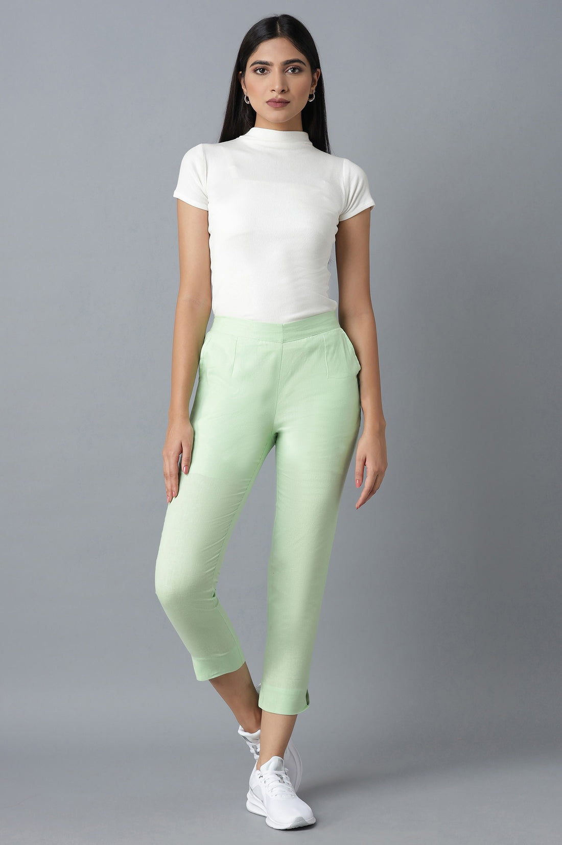 Light Green Solid Straight Fit Cotton Trousers With Elasticated Waist